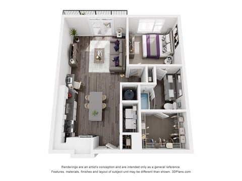 Floor plan for 1 bed, 1 bath, 748 sqft